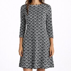 Barbara Gerwit‎ Black White Geometric Print A-Line Dress XS 3/4 Sleeve Stretch